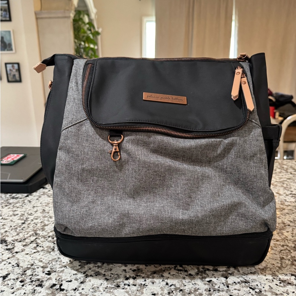 Petunia Pickle Bottom Black and Gray Baby Bag with Tan Accents